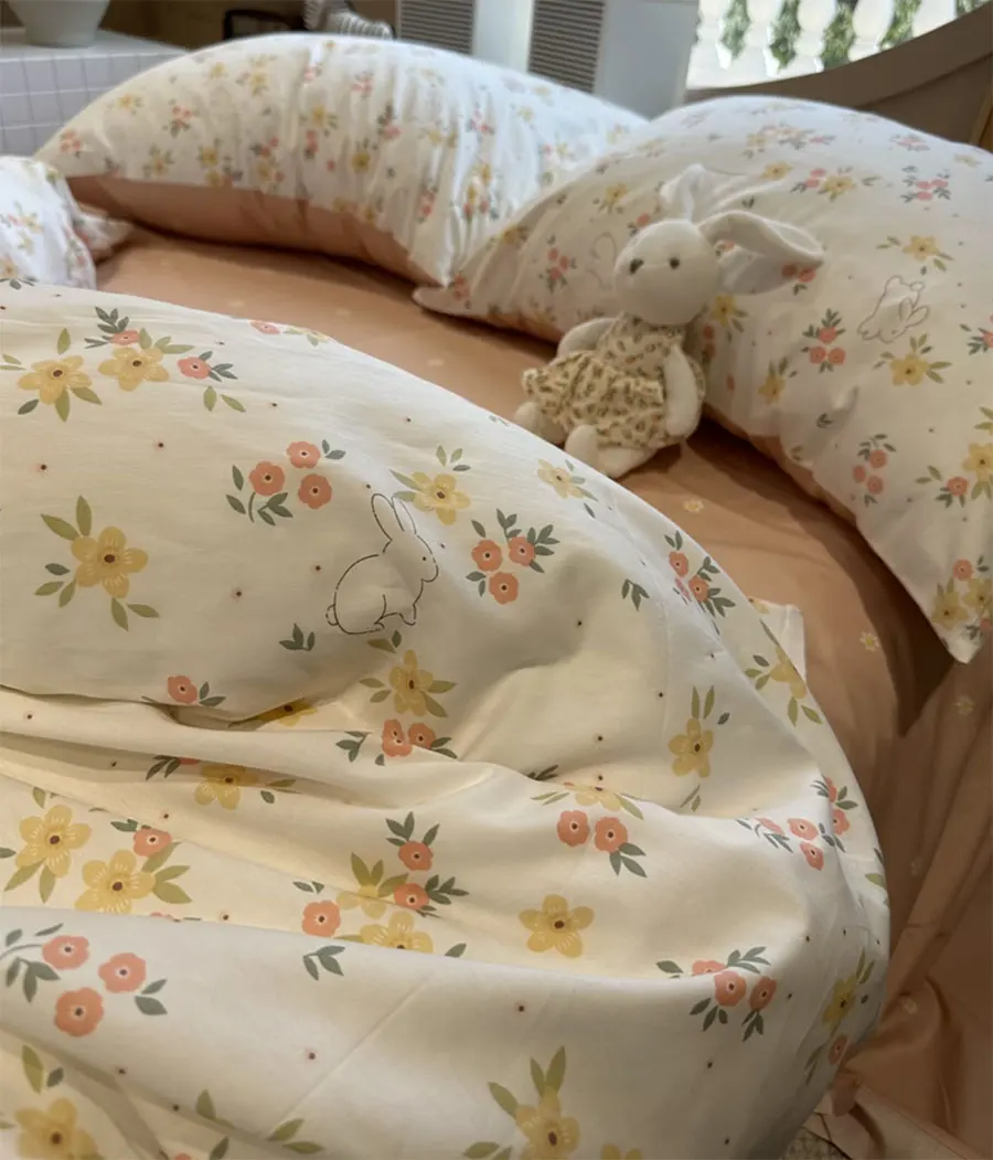 

Gentle romantic flower rabbit bedding set girl,twin full queen king orange cotton home textile bed sheet pillow case quilt cover