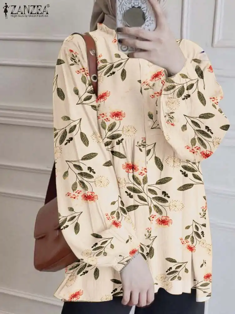 

ZANZEA Fashion Turkey Hijab Muslim Blouse Autumn Florla Printed Shirt Long Sleeve O Neck Tops Woman Vintage Islamic Clothing