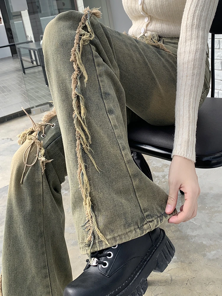 American Style High Rise Lace-Up Distressed Flared Jeans Y2K Casual Street Denim Pants Female Trousers for Teen Girls Trousers