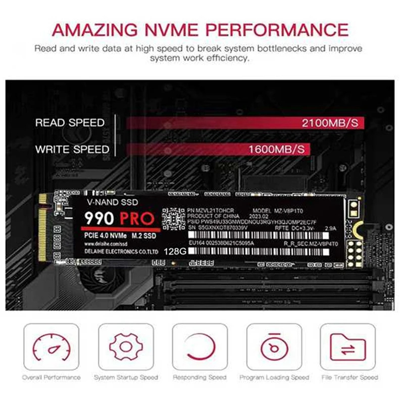 

1 шт. 128G 990 PRO M.2 2280 SSD Pcie 4,0 Nvme игровой внутренний жесткий диск SSD твердотельный Черный PCB для ноутбука и настольного компьютера