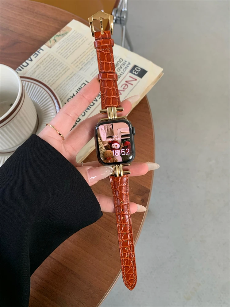 الفاخرة الذهب معدن حقيقية حلقة من جلد ل iWatch سلس...