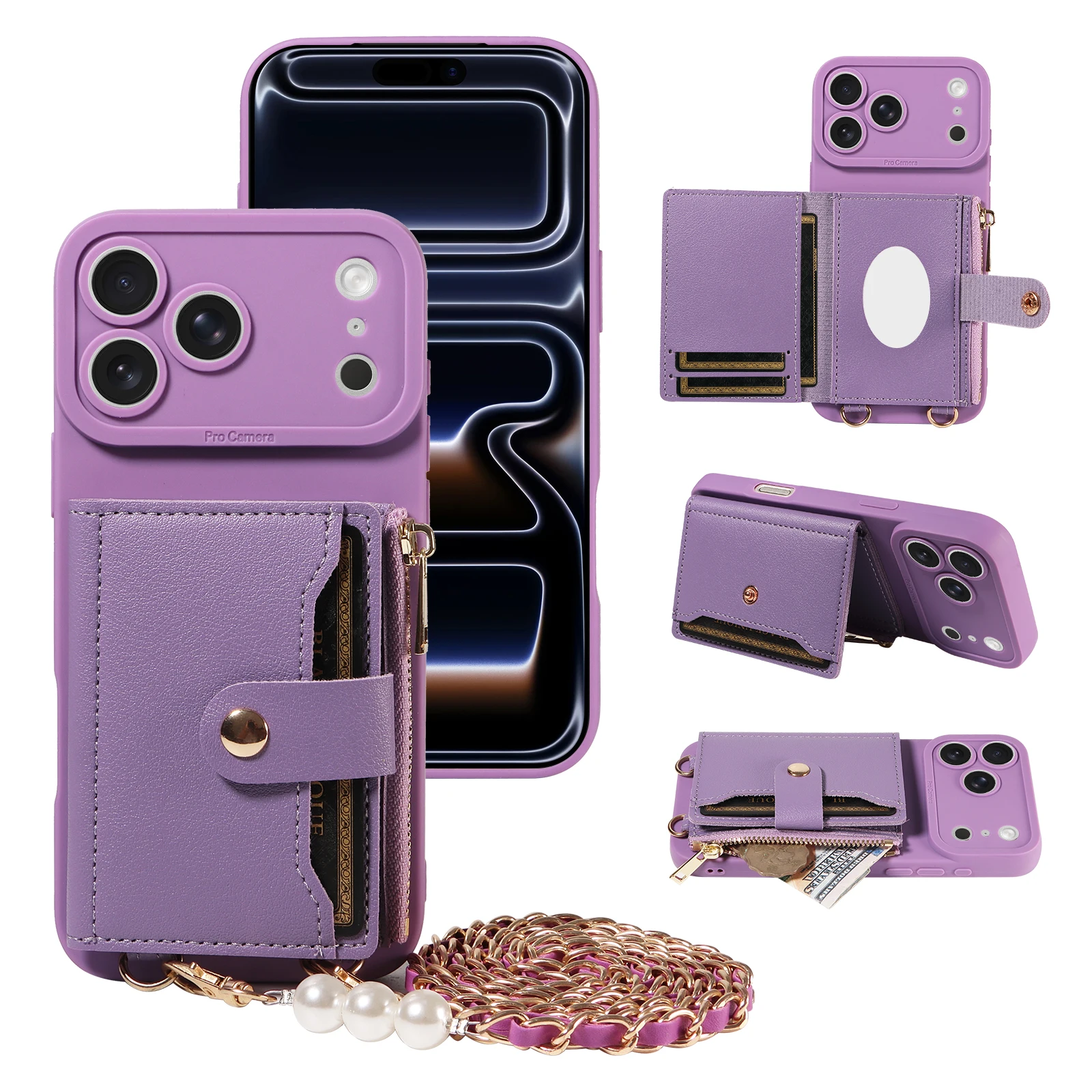 Leather Phone Case with Mirror & Pearl-Studded Strap - Shockproof Cover