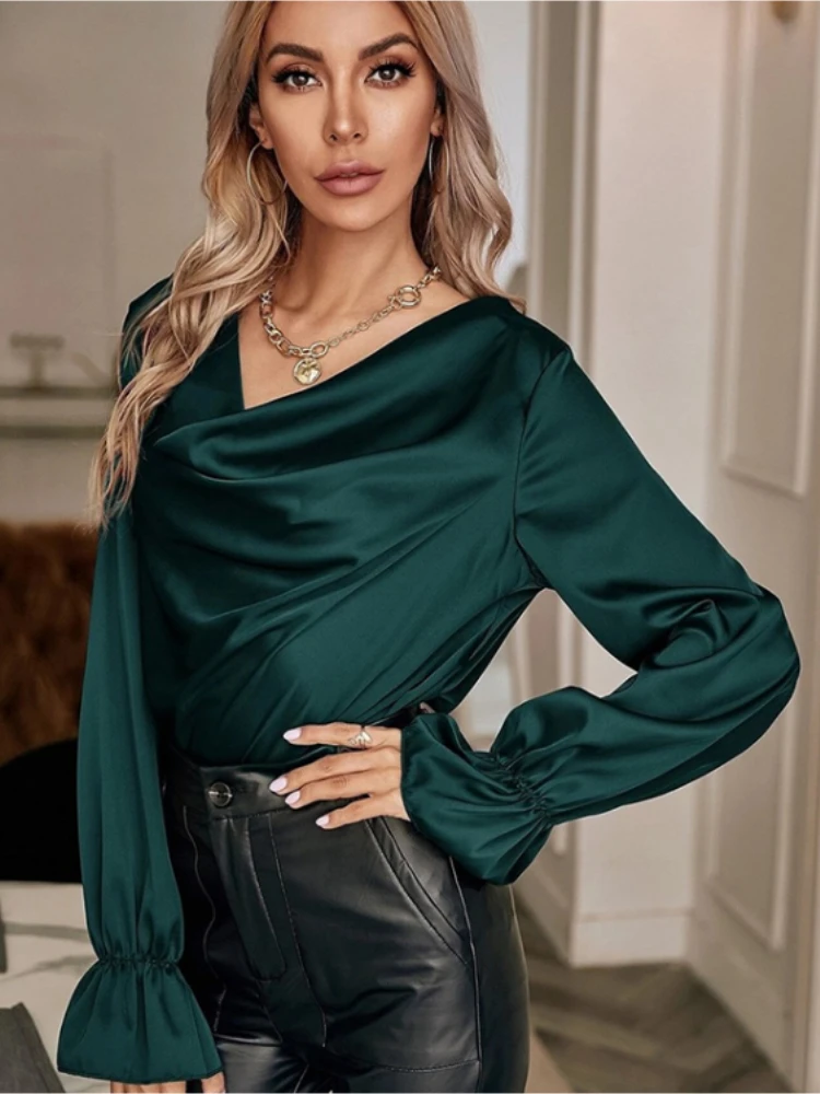 

2023 шелковая блузка с длинным рукавом, женская блузка с воротником-ворсом, Зеленая атласная рубашка, Свободная Повседневная модная Офисная Женская шикарная блузка, 22495