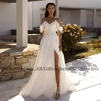 Organza Wedding Dress Feathers Customized Off Shoulder Sweetheart Sequin Applique A Line Sweep Train Women Bridal Gown Custom 1