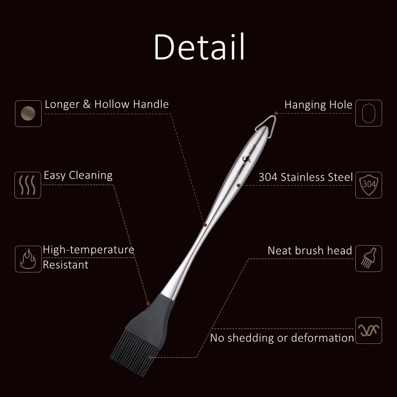 304 Stainless Steel Handle Silicone Head Brush Heatproof Never Shedding Head Barbecue Tool BBQ Accessories