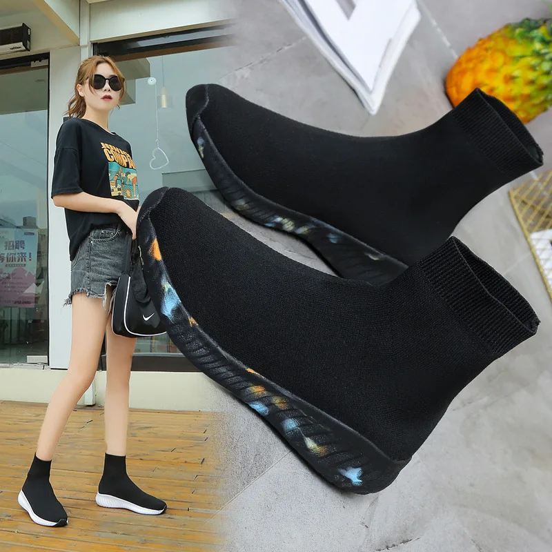 

2023 Winter New Women's High Top Casual Shoes Knitted Sock Boots Fashion Breathable Zapatos Para Mujeres Platform Baskets Femme