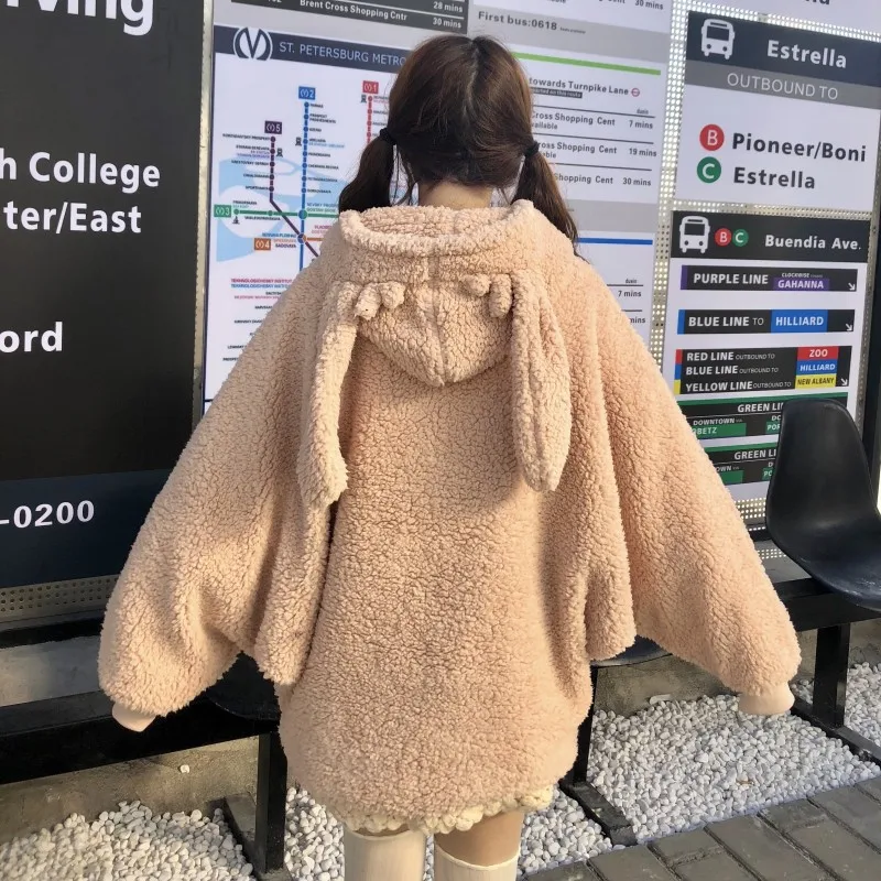 Women Pocket Cute Rabbit Ears Plush Hoodies Sweatshirt Elegant Faux Fur Hooded Jacket Autumn Winter Warm Soft Zipper Coat Korean