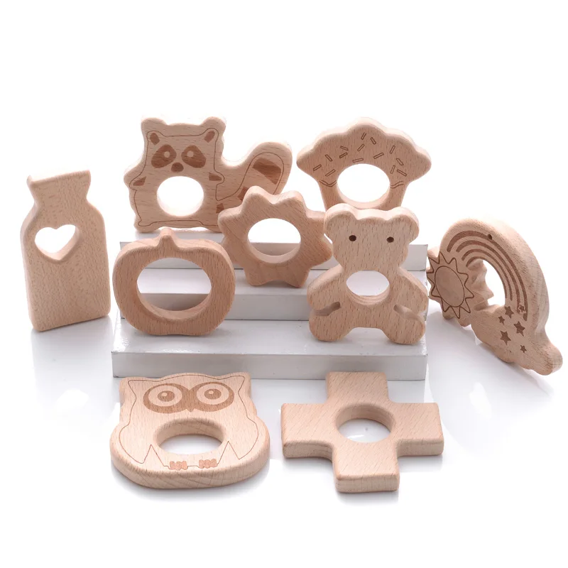 10Pcs Beech Beads Heart Butterfly Rainbow Elephant Flower Animal Wooden Beads for Bbay Chew Teether Beads Pacifier Clips Chain