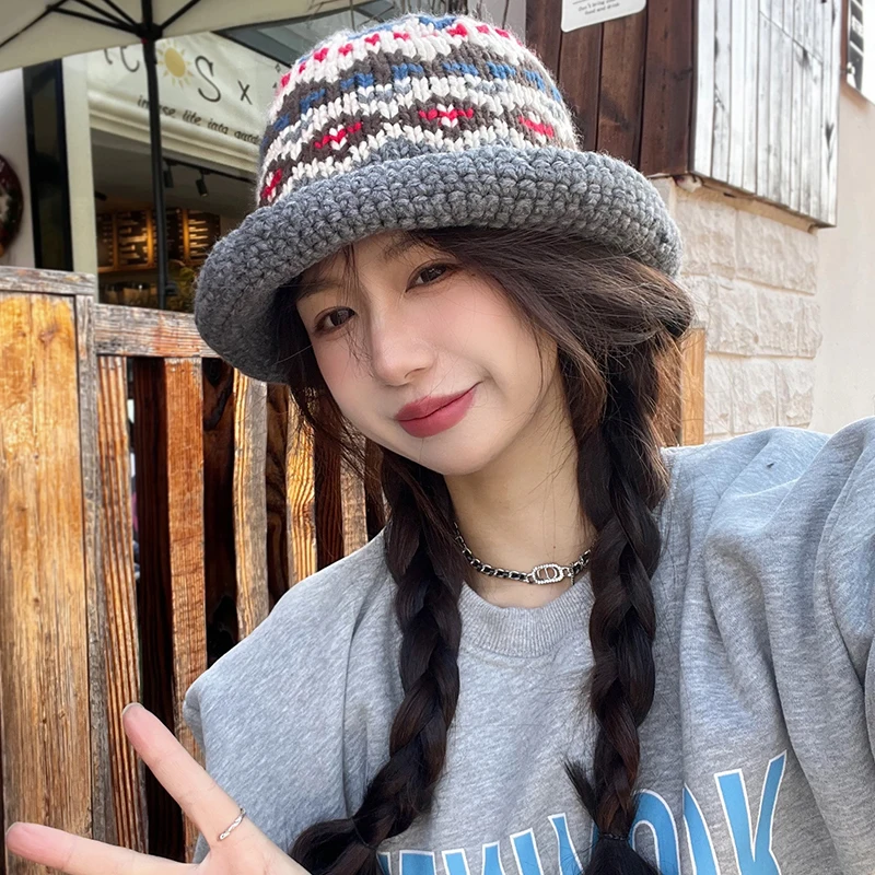 

Японская Ретро жаккардовая Женская осенне-зимняя теплая универсальная вязаная крючком шляпа ручной работы