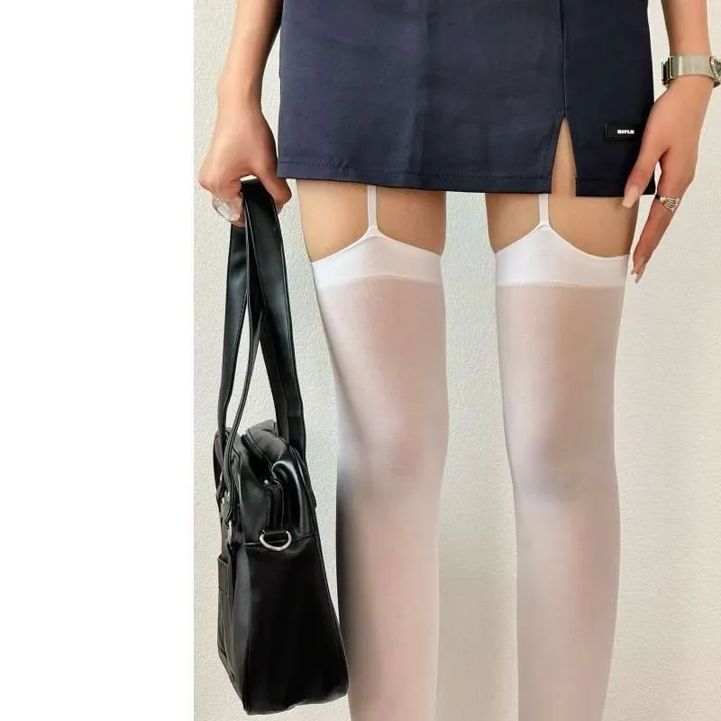 Women Suspender Wide-banded Velvet Tights Lolita Thin Thigh High Stockings with Garters Y2K JK College Style Over The Knee Socks