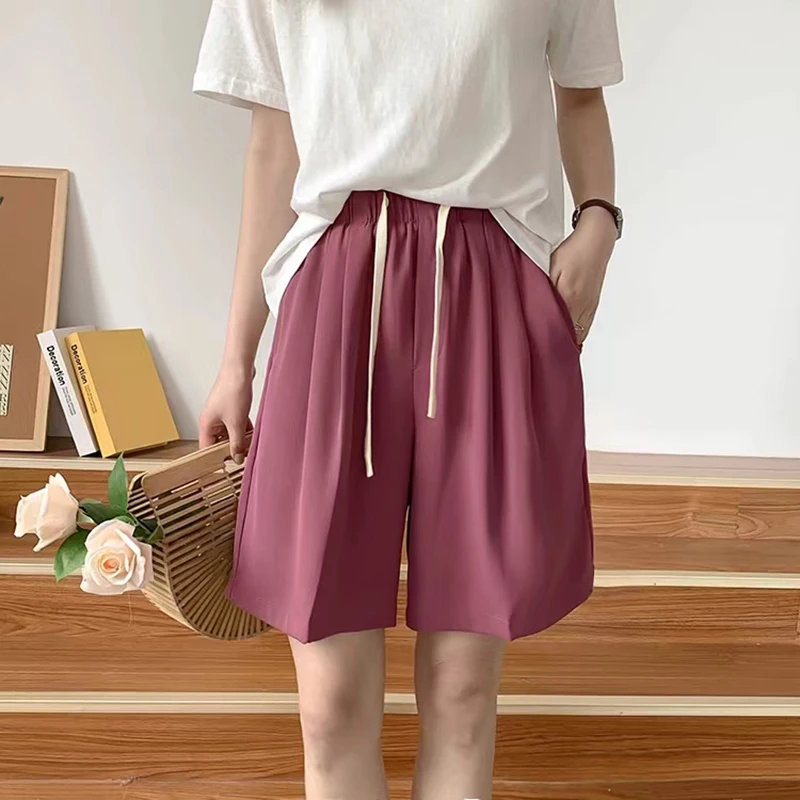 

Summer Women Shorts Elastic High Waist Draw String Adjustable Brief Leisure Wide Hem Thin Soft Short Pants for Fashion Lady