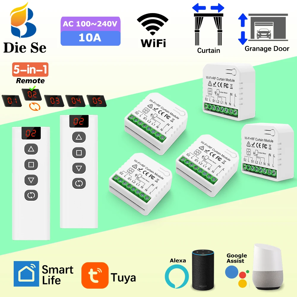 WiFi RF ลูกกลิ้งชัตเตอร์สวิทช์และ 433MHz 5-in-1 รีโมทคอนโทรลไร้สายสําหรับผ้าม่าน,มอเตอร์ AC ทํางานร่วมกับ Tuya,Google Assist,Alexa 1