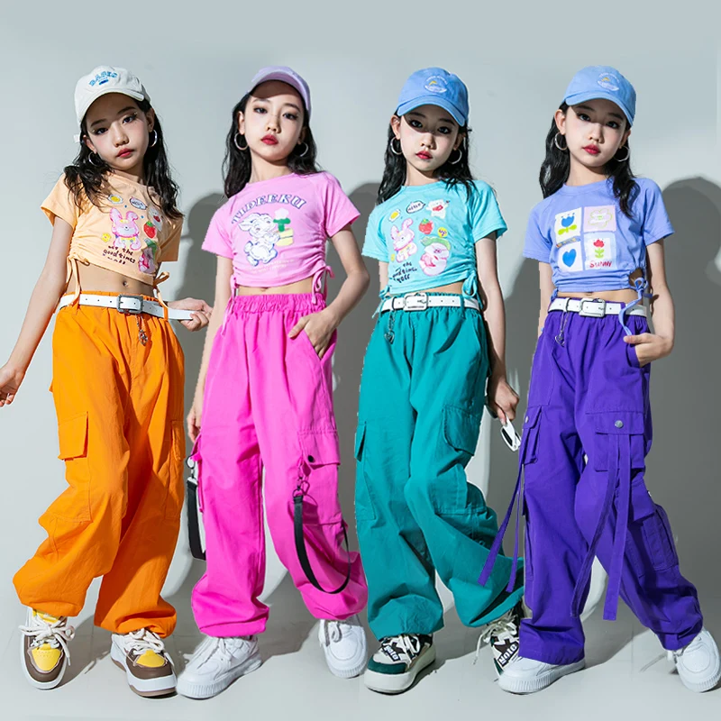 

Kids Jazz Dance Costume Girls Hip Hop Performance Clothes Short Sleeve T Shirt Colorful Pants Teens Street Dance Kpop Stage Wear