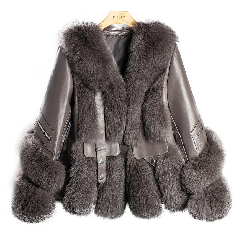 

Women Winter Jacket Genuine Leather Fashion Fox Fur Coat Sheepskin Fur All-in-one Women's Fur Coat Jaqueta Feminina Lq