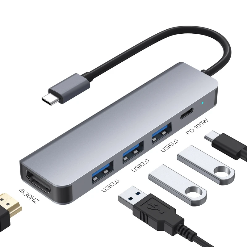 USB-C-Hub, 5-in-1-Multiport-Adapter mit HDTV 4K30 Hz, USB-A- und Typ-C-Datenanschlüssen, 100 W PD, USBC-Dongle für MacBook, iPad, iPhone