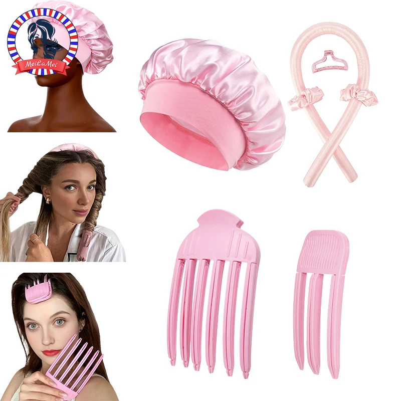 No Heat Hair Curler And Satin Sleeping Cap Set Heatless Hair Curling Headband Claw Clip Rings Soft Sleeping Hat Salon hair styling tool,hair curling tools