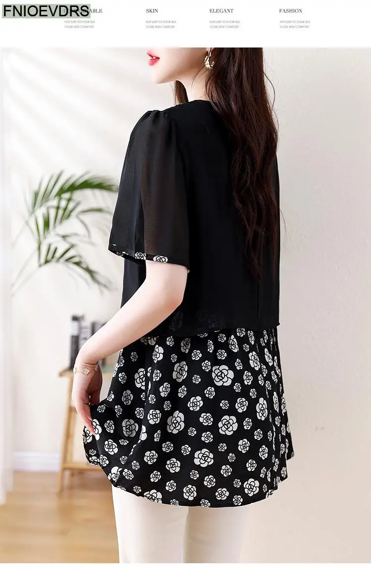 L-5XL Loose Clothes 2024 Women Summer Short Sleeve Elegant Ruffles Shirts Casual Retro Floral Tunic Peplum Tops And Blouses