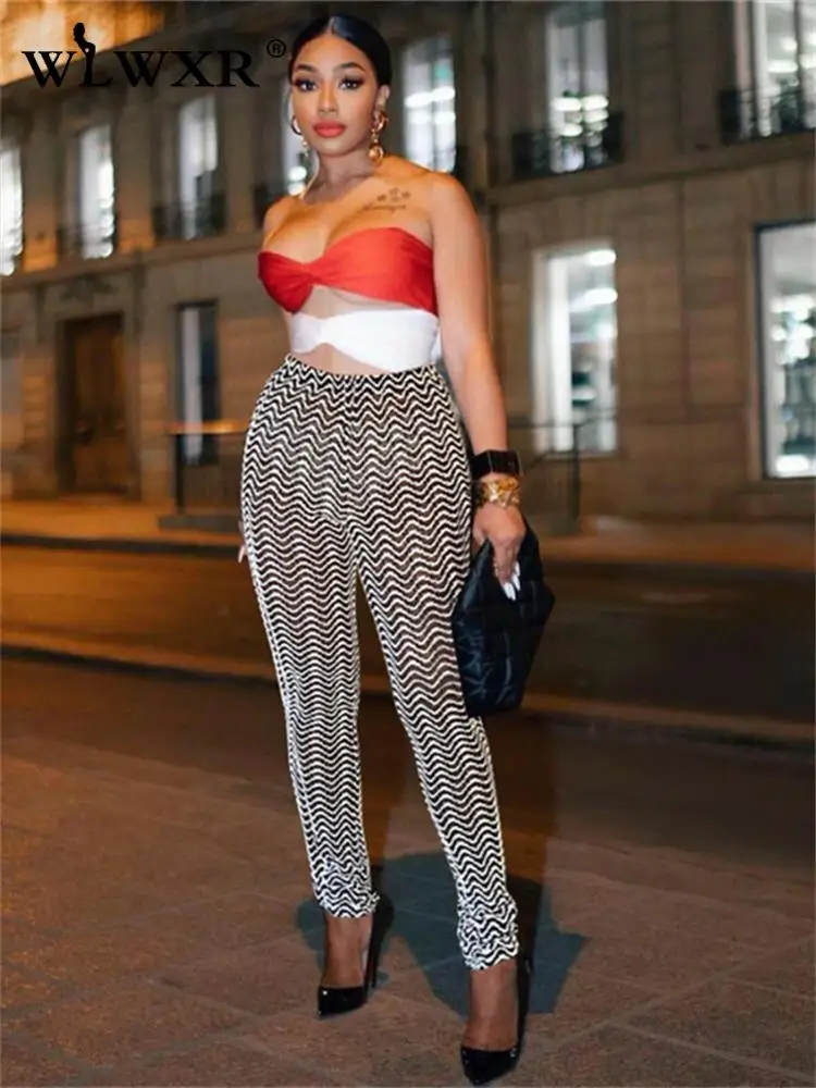 

WLWXR Summer Streetwear High Waist Striped Pants For Woemn 2023 Casual Yoga Pants Black Skinny New In Pants Female