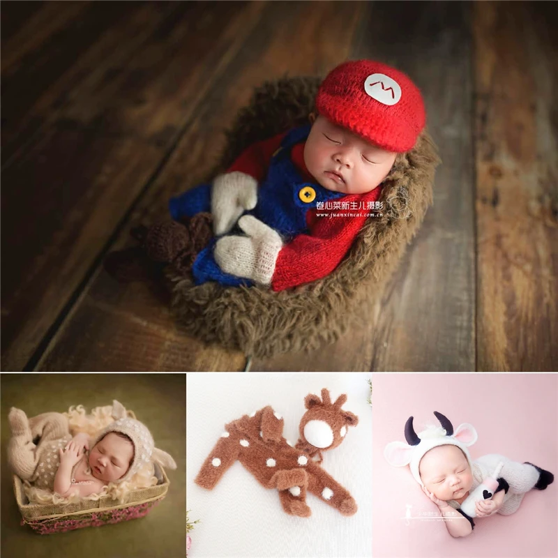 Dvotinst Newborn Baby Photography Props Christmas Deer Cow Cute Animial Outfits Hat Handmade Knitted Set Studio Shoot Photo Prop dvotinst newborn photography props cute outfits hat dolls backdrop cartoon theme fotografia korean studio shoot photo props