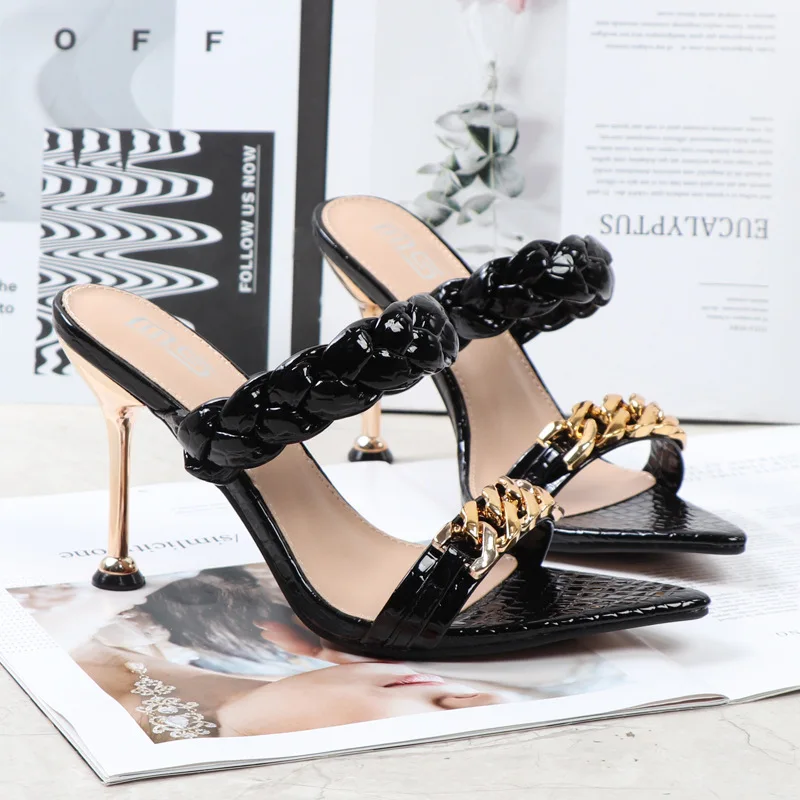 

Women's High-Heeled Sandals 2022 Summer New Pointed Metal Chain Woven PU Stiletto Fashion Women's Sandals 9.5CM