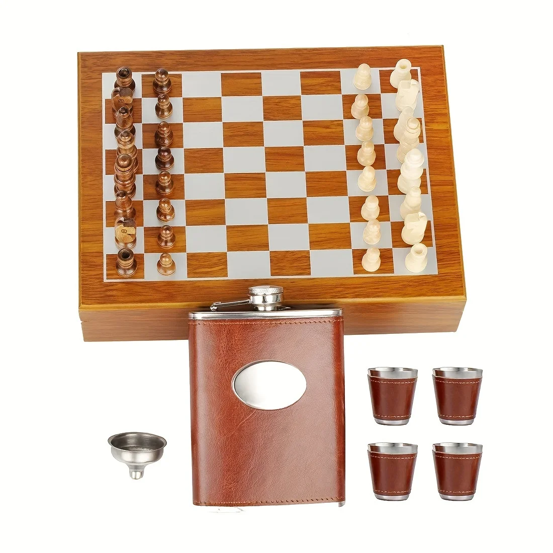 

1set, 2-in-1 Chess Game And Flask Set, Brown Leather Portable Hip Flask With 4 Cups And Funnel, Metal, Travel-Friendly, Gift Box