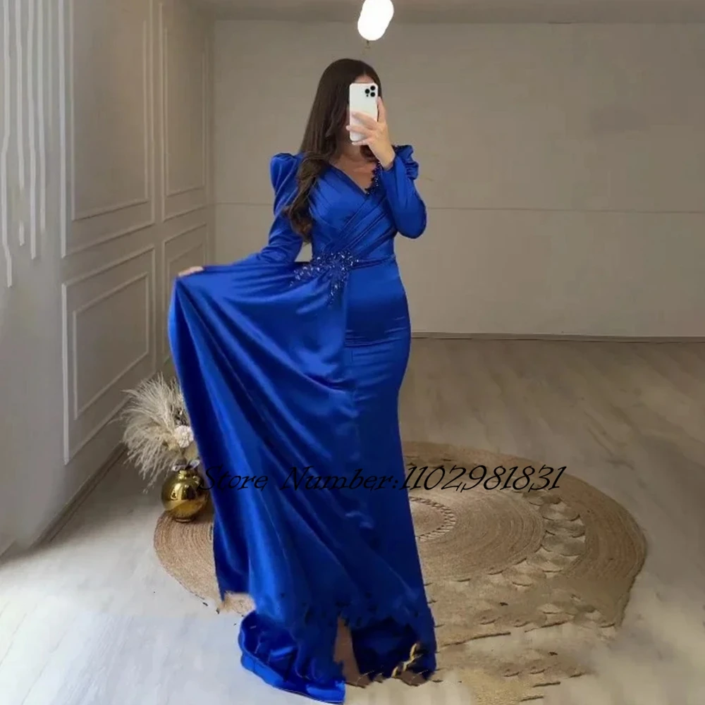 

Luxury Blue Long Sleeves Arabic Mermaid Evening Dress Long New Royal Elegant Satin Dubai Formal Party Evening Dresses For Women