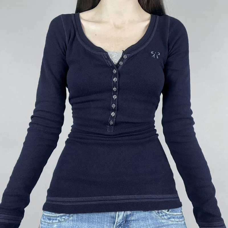 

Retro Embroidered Knit T-shirt for Women Woman Clothing 2024 Spring Sexy Single-breasted Slim Ribbed Top Y2k Stitch Tops Tees