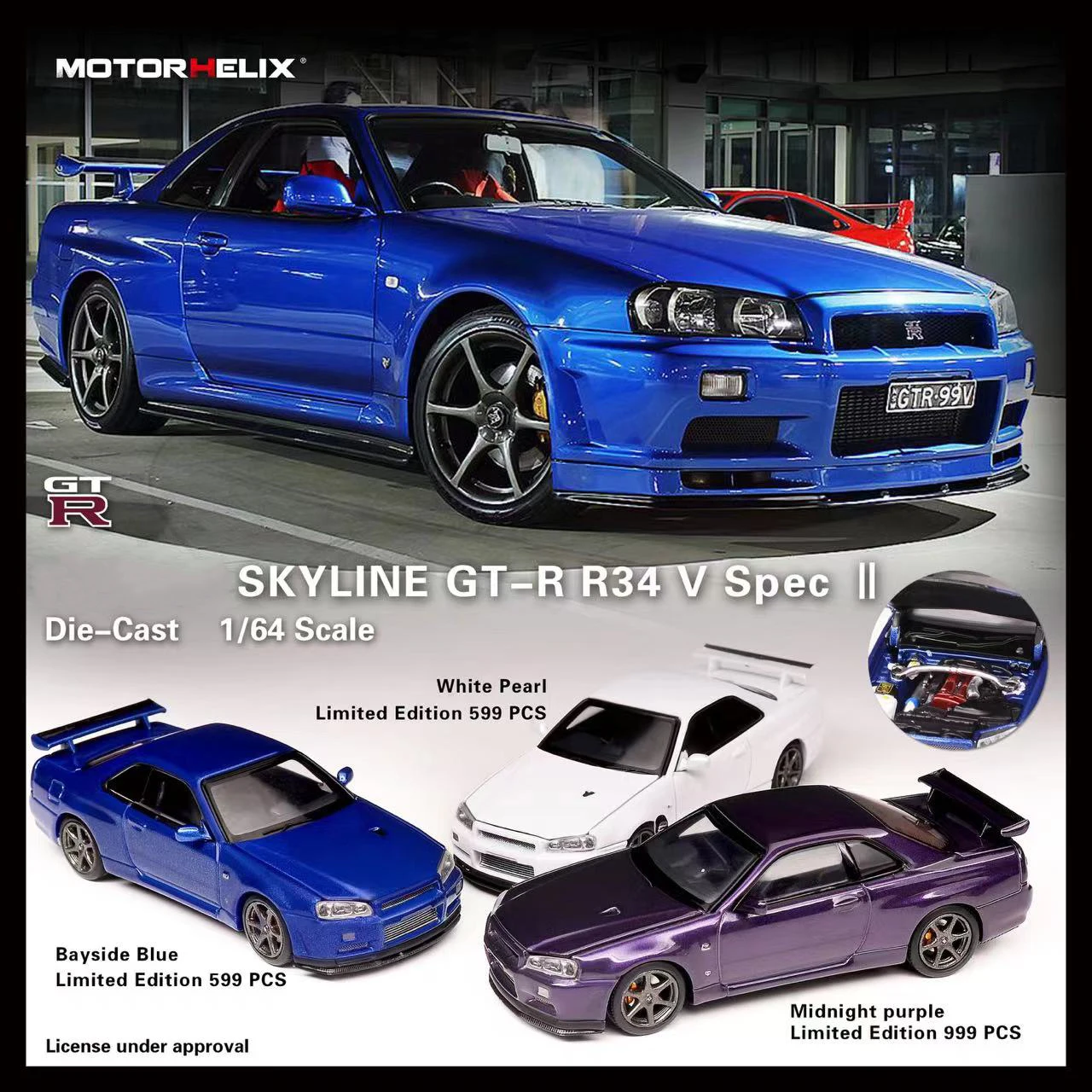 

PreSale MH 1:64 SKYLINE GTR R34 V Spec II Opened Hood Diecast Diorama Car Model Collection Miniature Carros Toys MOTORHELIX