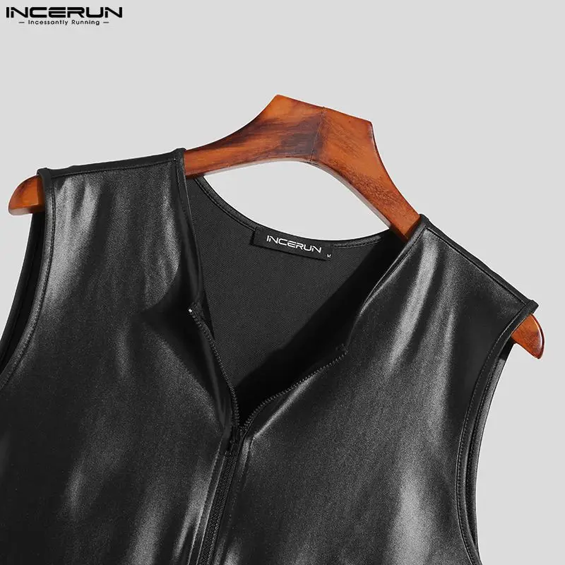 INCERUN Men Bodysuits Mesh Patchwork Sexy See Through Zipper Homewear Sleeveless Rompers Pajamas Men Bodysuits S-5XL 7
