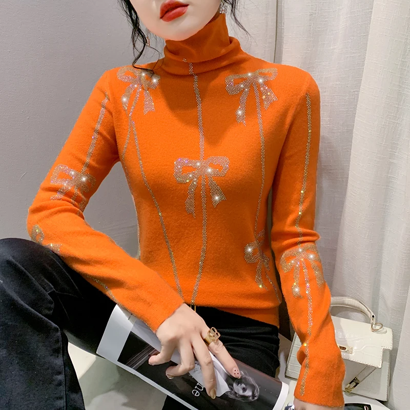 MadBlack European Clothes Sweater Women Turtleneck Bowtie Hot Drill Slim Knitwear Long Sleeve Pullover Autumn Winter T39974JC