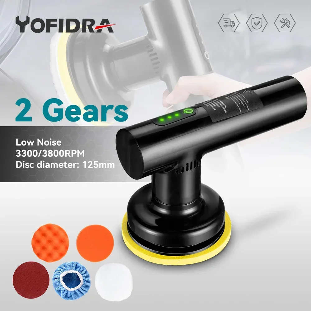 Yofidra 12V Cordless Electric Car Polisher 2 Gears Efficient Auto Polishing Waxing Beauty Machine Tools with 5 Accessories 31pcs polishing pads kit 3 inches drill buffer attachment with sanding papers sanding waxing for automobiles yachts