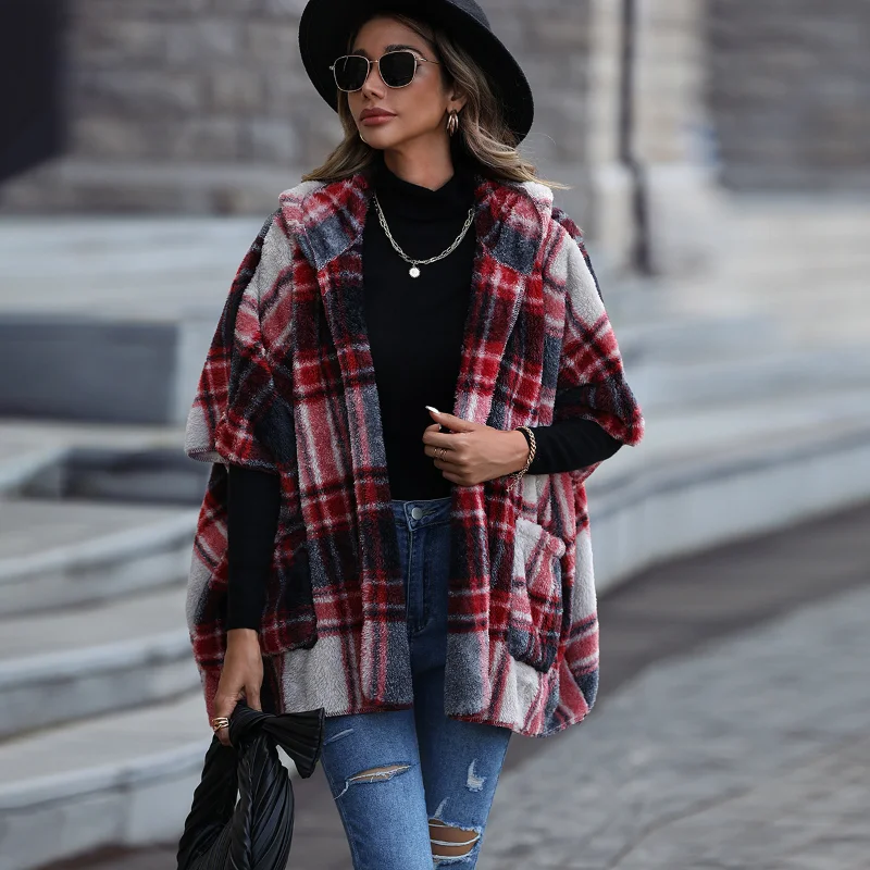 

QWEEK Jackets Women Scottish Style Striped Plaid Fleece Plush Warm Coat Hooded Half Sleeve Cardigan Overcoat Autumn Winter 2022
