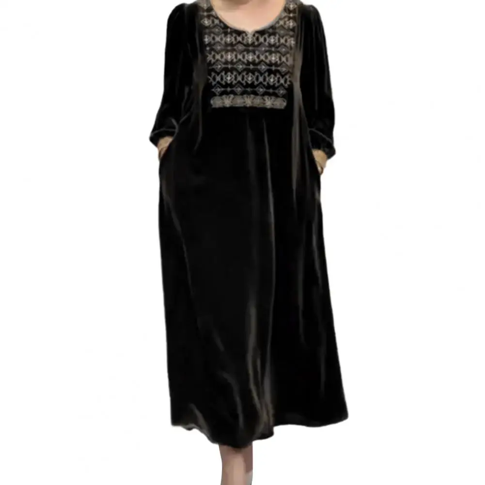 

Vintage Women Dress with Pockets for Long Sleeve Ankle Length Dress Fall Spring