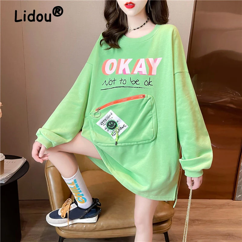 2022 Spring Autumn Korean Fashion Letter Print Oversized Streetwear Cotton Female Sweatshirt Kawaii Pocket Loose Tunic Top Women