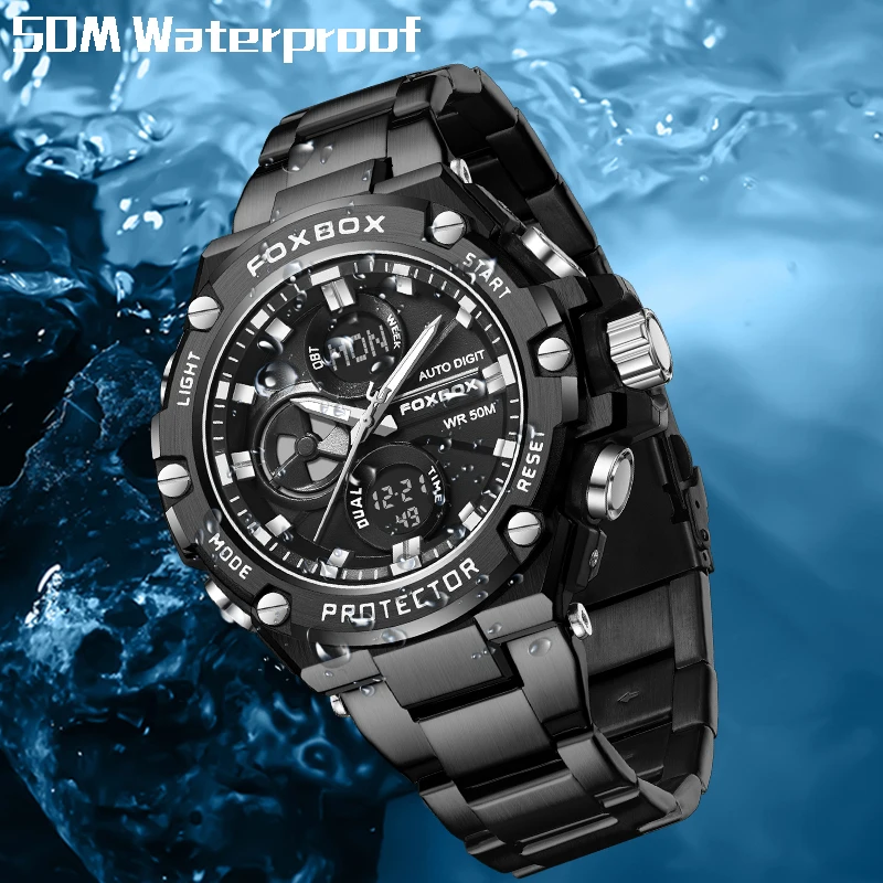FOXBOX Top Brand Luxury Digital Sport Watch For Men Steel Waterproof Chronograph Clock Fashion Luminous Quartz Wrist watches Man