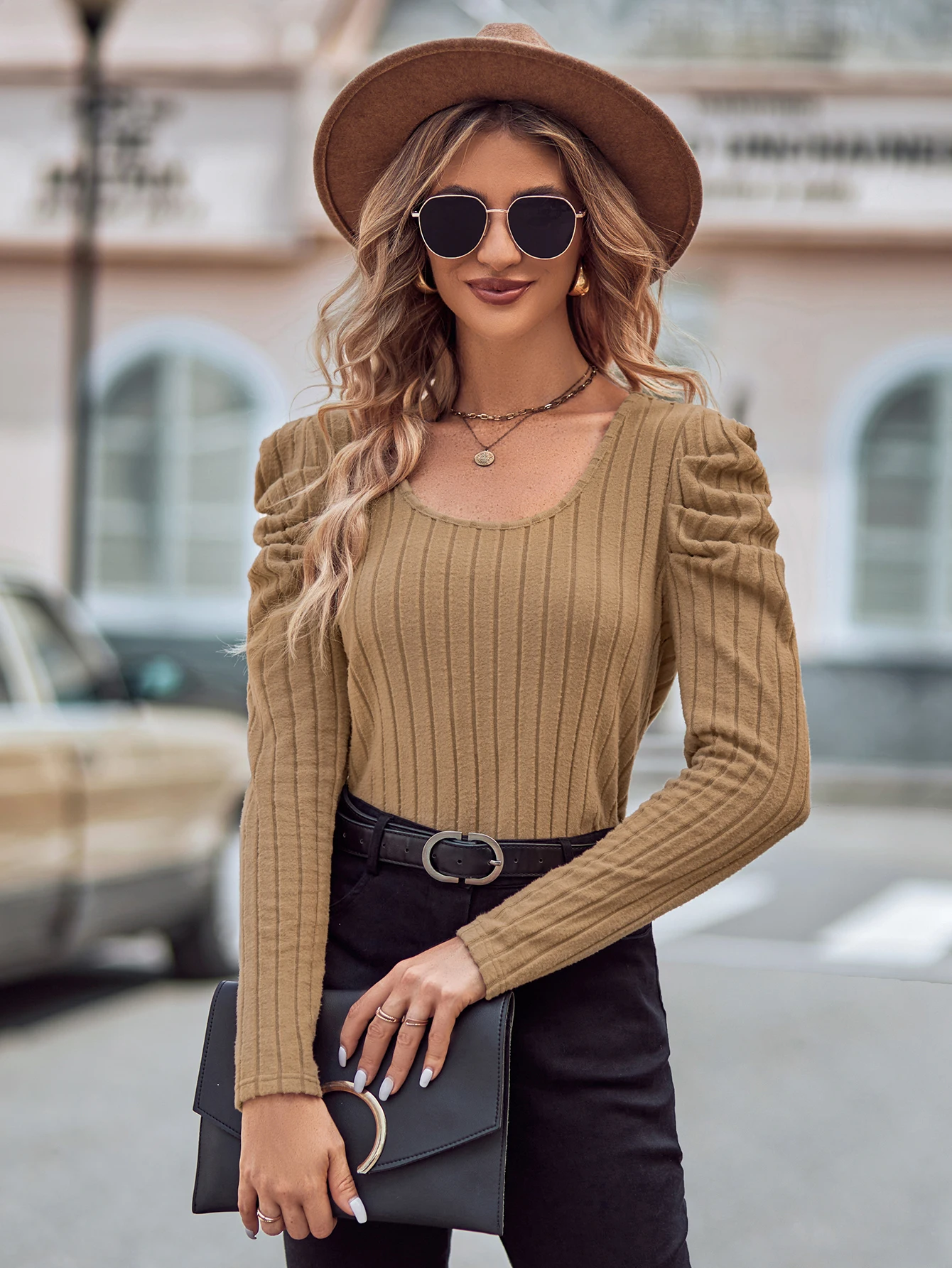 

Women's Knitted Long Sleeve Top, Square Neck, Slim Fit, Long Sleeve, Casual Fashion, Versatile, Autumn, Winter, New