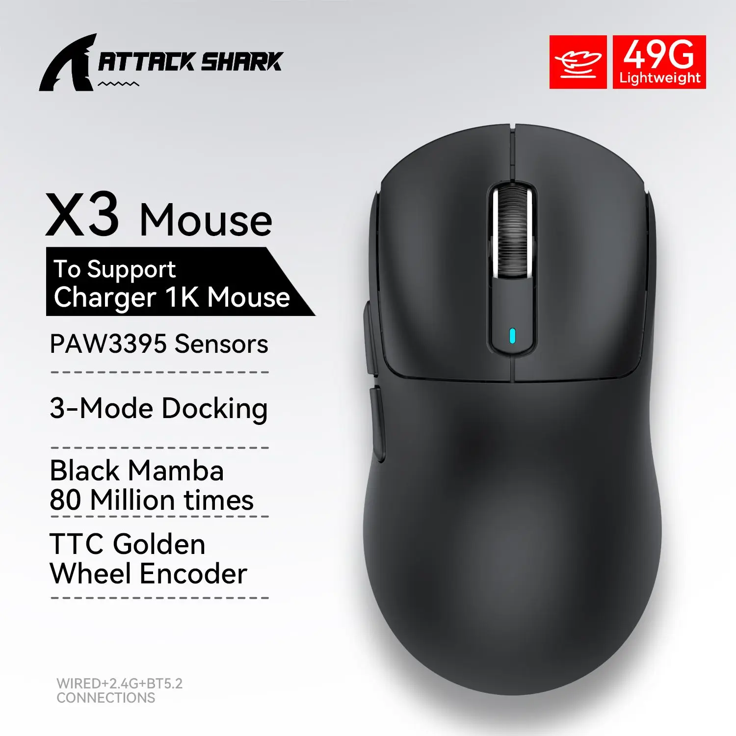 Attack Shark-ratón inalámbrico X3Pro X3, ligero, PAW3395, 26000dpi, conexión trimodo, Macro, para juegos, Win/Xbox/PS/Mac