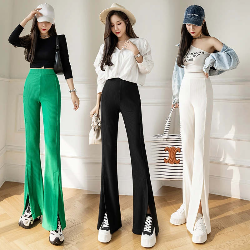 New Fashion Split Hem Pants Women Casual Anti Wrinkle Streetwear Skinny  Trousers Female Girls Vintage Bell-bottoms Dropshipping - AliExpress