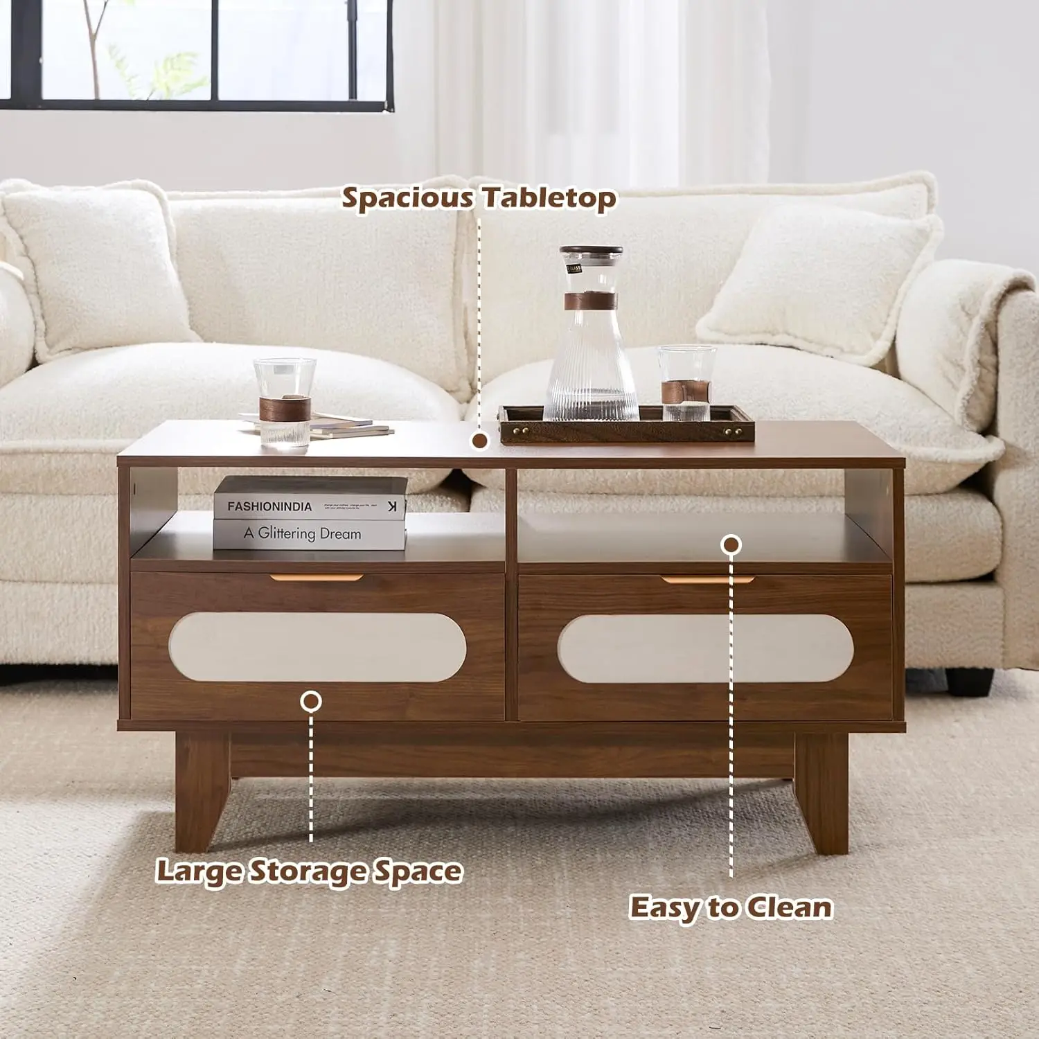 39 inch Mid Century Coffee Table with 4 Drawers and 2 Shelve, Rectangle Wooden Wood Coffee Table for Living Room,Walnut