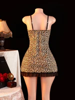 Women Leopard Print Slip Dress Sexy Lace Trim Bodycon Nightgown Spaghetti Strap See Through Mesh Babydoll Lingerie Sleepwear - Image 3