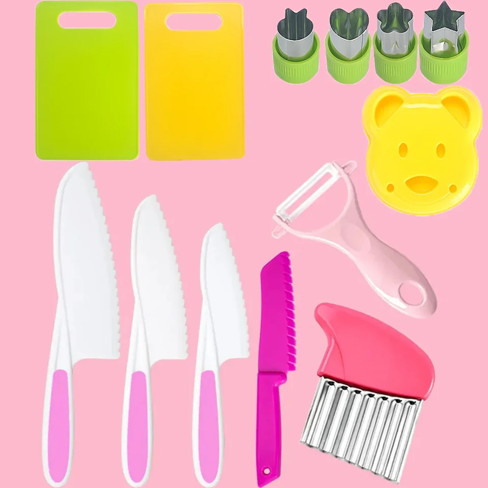 Set Coltelli Cucina per Bambini 9 PZ, Inclusi Coltelli Bambini Plastica per Tagliarecon, Coltello Legno, Coltelli Patate, Coltello Onda, Pelapatate, Tagliere per Tagliare e Cucinare, Frutta e Verdura