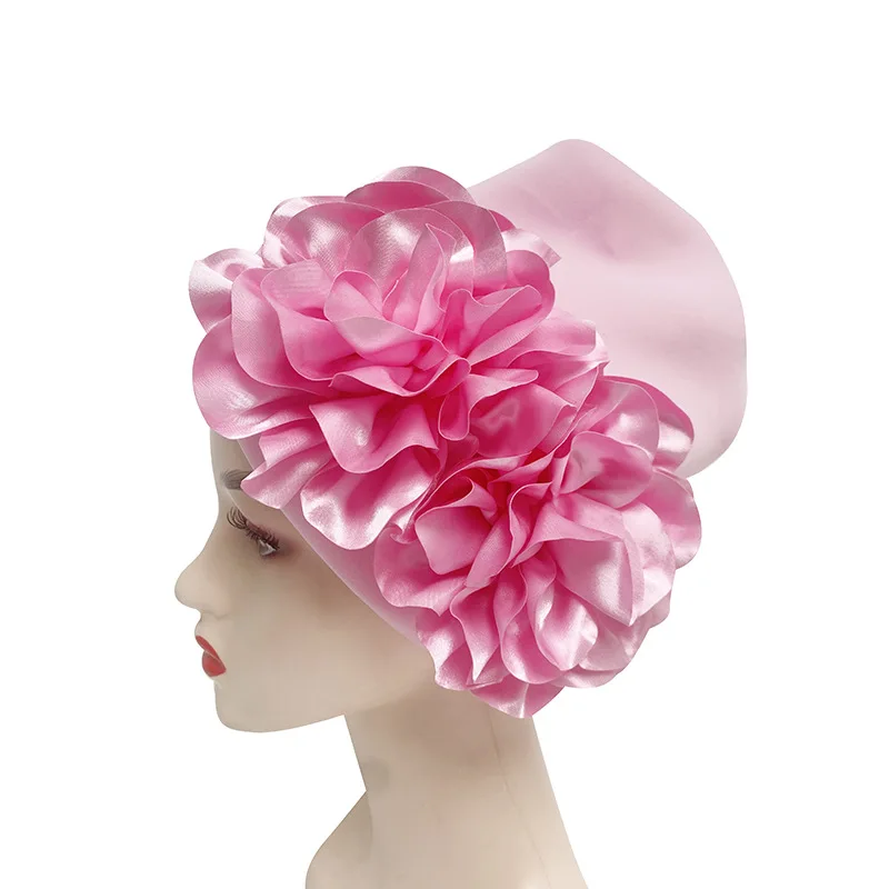 Trendy Silk Flower Turban Cap for Women Soild Color Beanies Hat Muslim Headscarf Hijab Bonnet Female Head Wraps Turbante Mujer 6