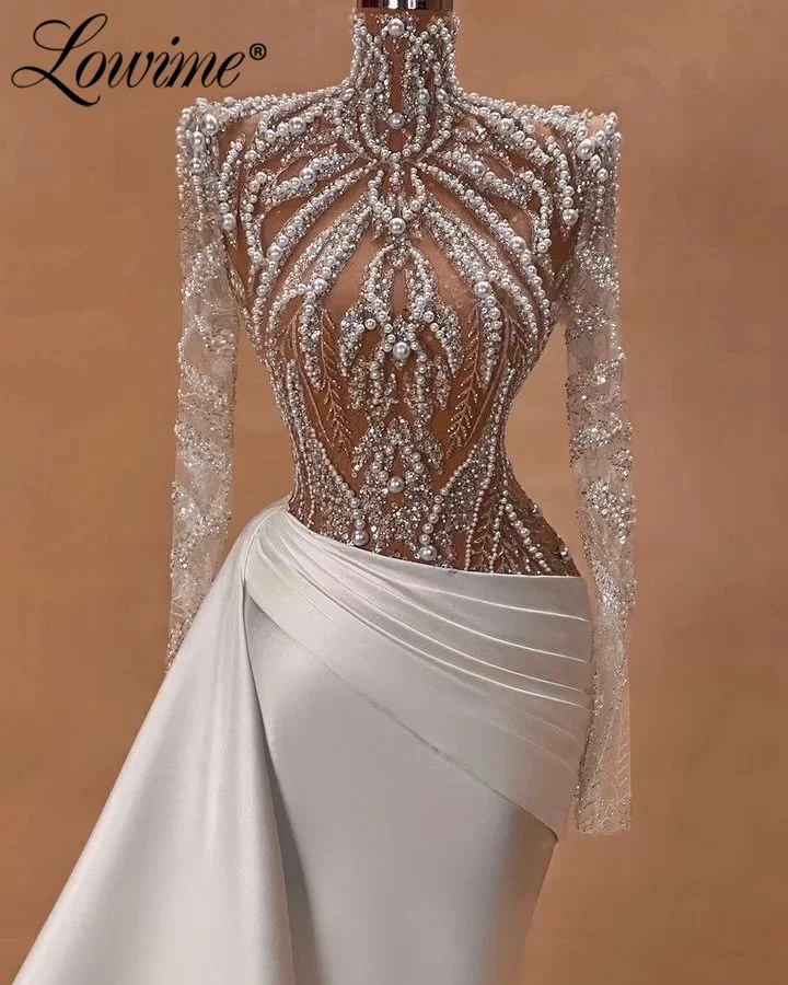 

Off White Pearl Party Dress For Women Long Sleeves Mermaid Prom Dresses 2024 See Through Sequins Evening Gowns Custom Made Robes