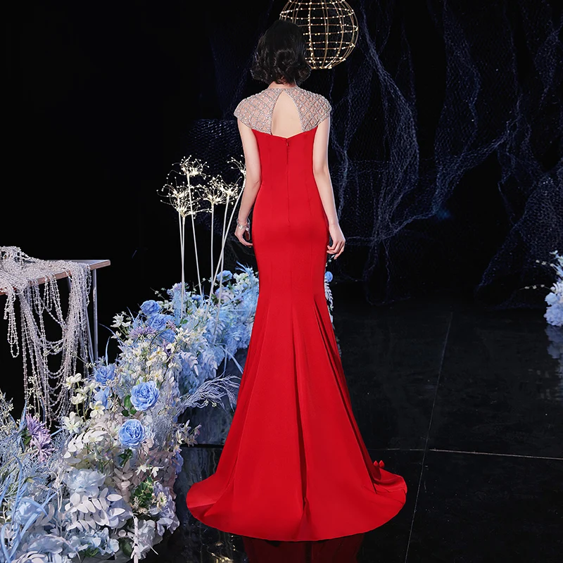 Fashion New Style 2022 Jewel Collar Delicate Beaded Mermaid Red Keyhole Back Formal Long Evening Dress for Party evening wear