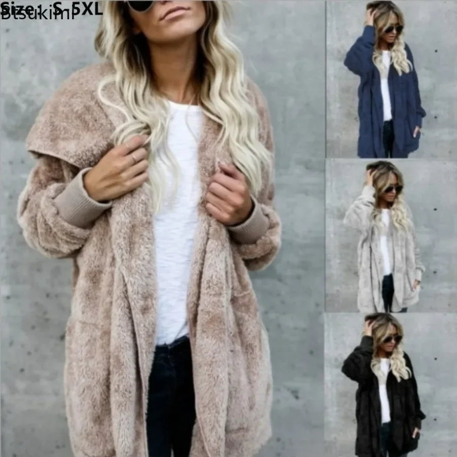 New 2024 Women's Thick Warm Fur Coat Jacket Autumn Winter Soft Long Fur Jacket Outwear Plush Overcoat Female Cardigans with Hood