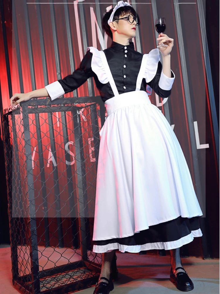Unisex Maid Outfit Lolita Cosplay Cute Sexy Erotic Kawaii Cafe Costume Black White Men Uniform Apron Dress Cute Bowknot Mucama lolita dress lolita suspender dress lolita cosplay costumes suspender dress
