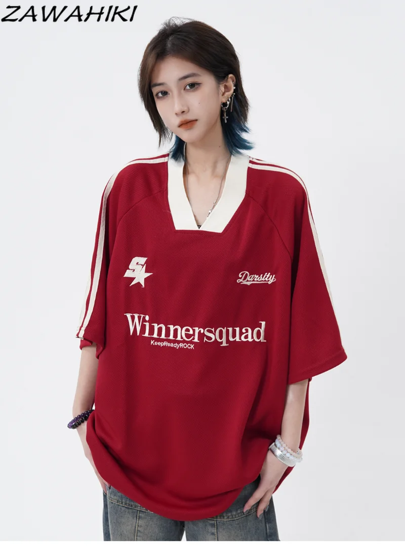

Hiphop American Retro V-neck Short Sleeve T Shirt Women Summer Oversize Loose Patchwork Contrast Color Letter Embroidery Top
