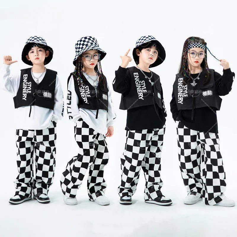 

Boys Sweatshirt Vest Plaid Street Dance Pants Girls Sweatpants Streetwear Clothes Sets Kids Jazz Outfits Child Costumes