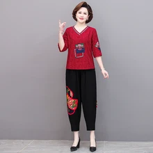 

Middle-aged clothing summer 2 piece set womens cotton linen half sleeve t-shirt+pant ethnic suit set women's large size loose