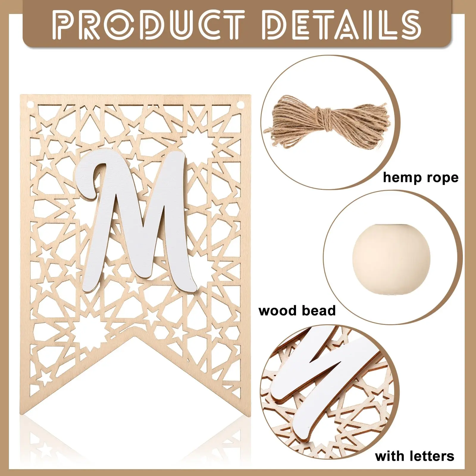 Eid Ramadan Decoration Mubarak Banner Wooden Decorations Rustic Bead Banner Eid Al-Fitr Party Decor Supplies For Home Decoration